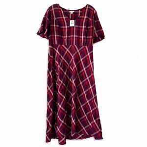 NWT J.Jill Burgundy Plaid Midi Dress Flutter Sleeve Size Small